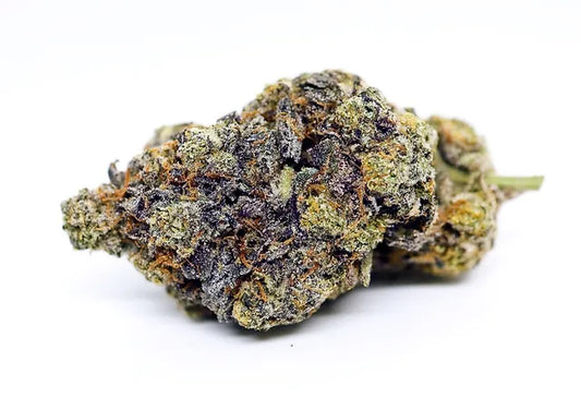 Makroaufnahme einer Carbon Fiber x Kosher Kush Cannabisblüte mit violett-grüner Farbgebung und dichten Trichomen – feminisierte Sorte mit starkem Kush-Genetikprofil