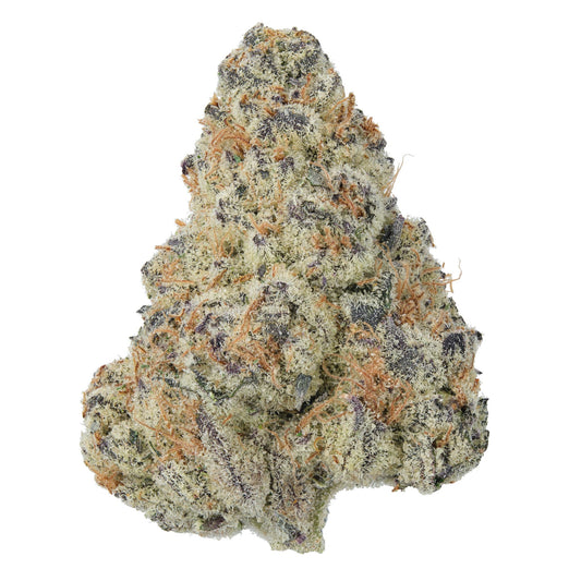 Makroaufnahme einer dichten Cannabisblüte der Sorte White Widow – überzogen mit weißen Trichomen, violett-grünen Nuancen und markanten orangefarbenen Härchen auf neutralem Hintergrund.